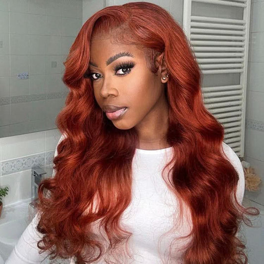 USHAIRTOPPER Reddish Brown Human Hair Body Wave 13x4 Transparent Lace Front 33B Wigs 180% Density